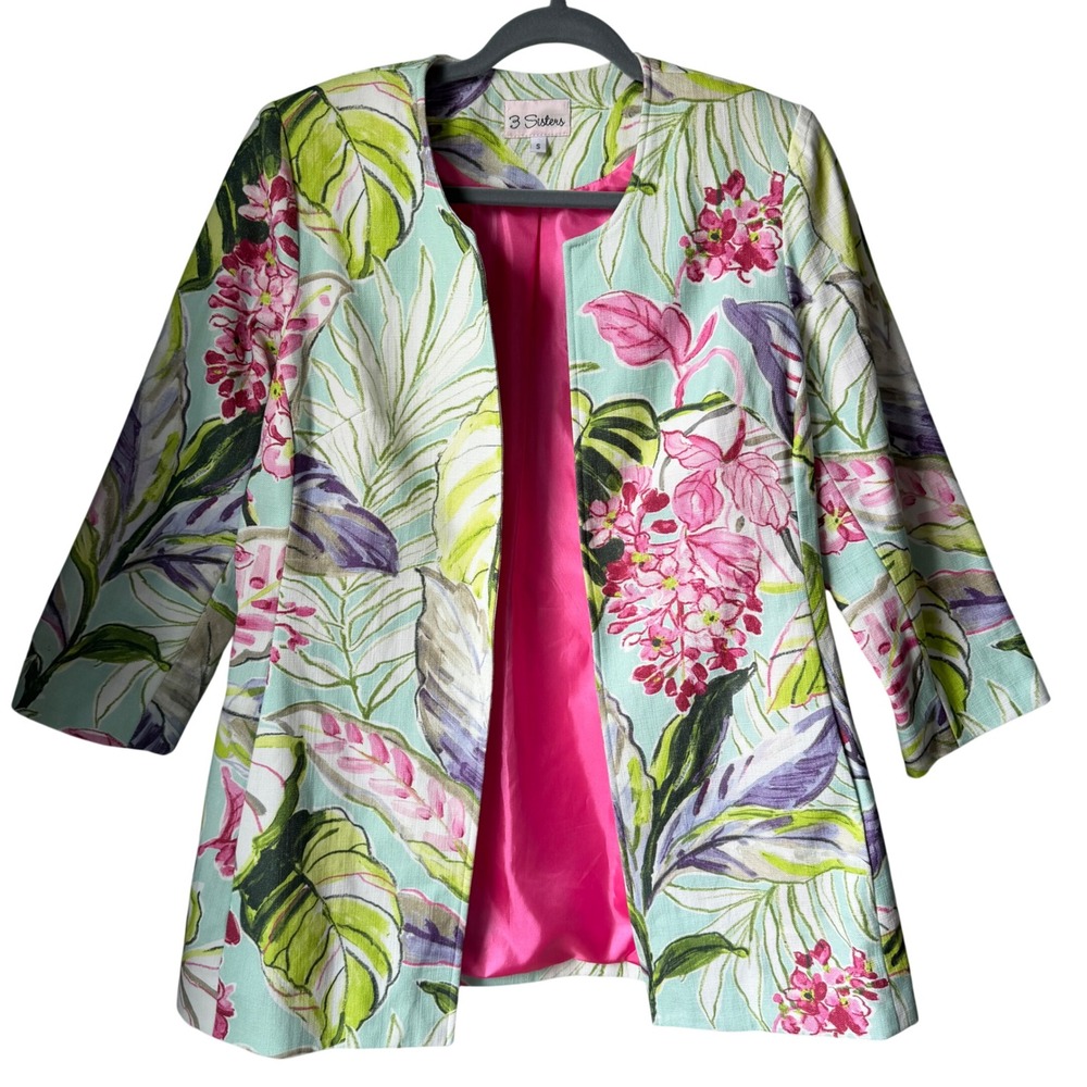 3 Sisters Open Front Jacket Bright Floral Tropical Print 3/4 Sleeve Cotton Small